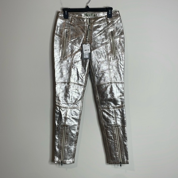 Nicholas K x Free People | Metallic Silver 100% Leather Billy Pants Size 0 NWT - Picture 2 of 9